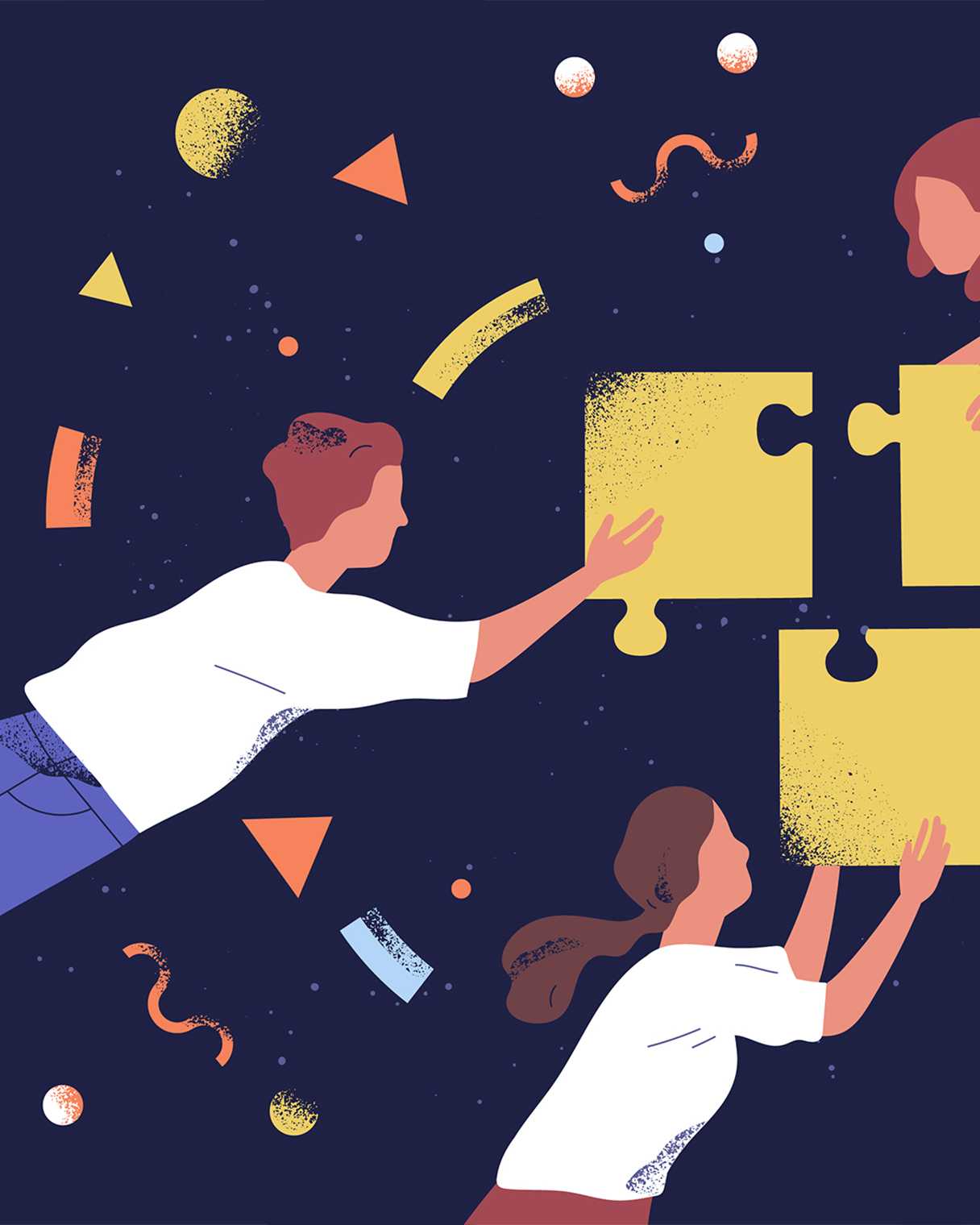 Illustration of two people assembling a large yellow puzzle piece against a dark background with various abstract shapes. The text reads 'CRM Solutions: Relationship Building' and describes leveraging Go High Level for customer relationship management