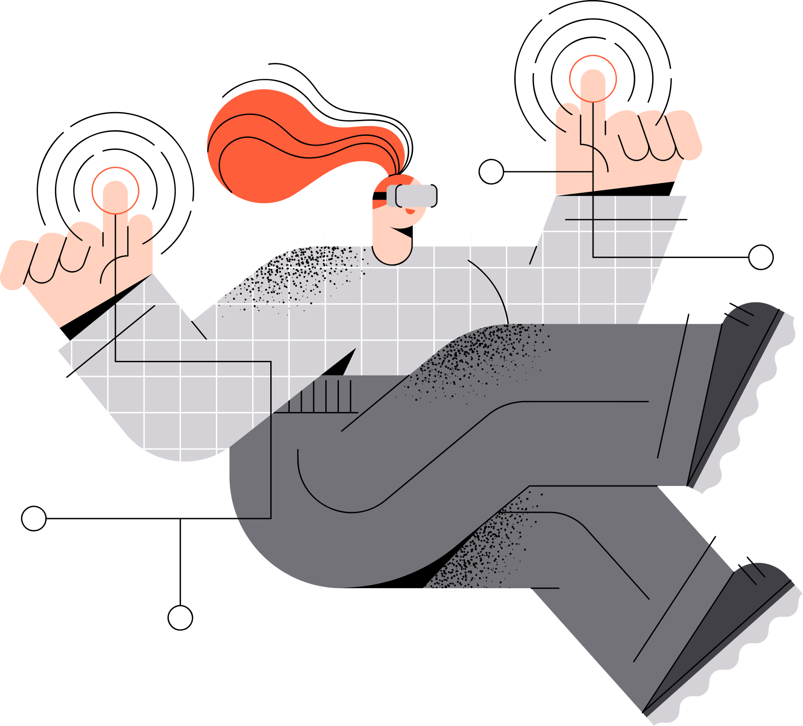 Illustration of a person with red hair wearing a virtual reality headset, interacting with digital touchpoints using both hands. The background features abstract geometric elements and lines, symbolizing technology and connectivity