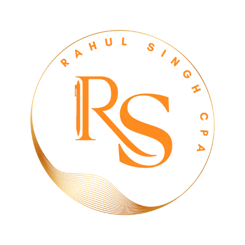 Logo for Rahul Singh CPA, featuring the initials 'RS' in an elegant orange font, surrounded by a circular design with the full name 'Rahul Singh CPA' around it.