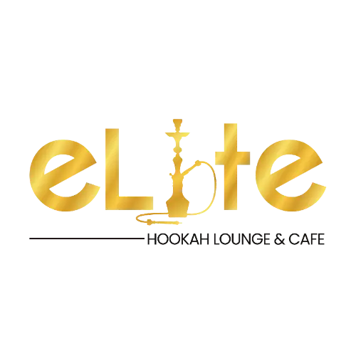 Logo for Elite Hookah Lounge & Cafe, with the word 'Elite' in gold stylized font, incorporating a hookah design, and the text 'Hookah Lounge & Cafe' below it.