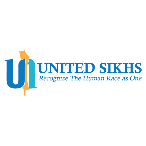 Logo for UNITED SIKHS, featuring the text 'UNITED SIKHS' in blue and orange with the tagline 'Recognize The Human Race as One' below it.