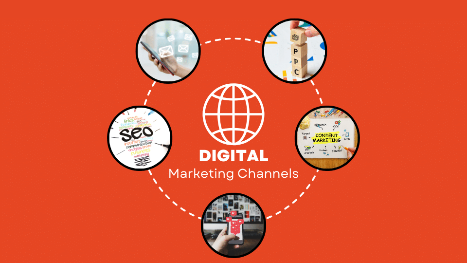 Illustration on an orange background showing various digital marketing channels. The central icon is a globe with the text 'Digital Marketing Channels,' surrounded by circles depicting SEO, email marketing, PPC, content marketing, and social media marketing