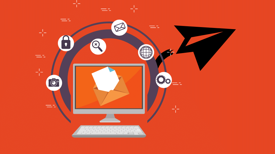 Illustration on an orange background featuring a computer monitor with an envelope icon. Surrounding the monitor are icons representing various digital marketing tools like email, search, security, and settings, with an arrow indicating sending messages