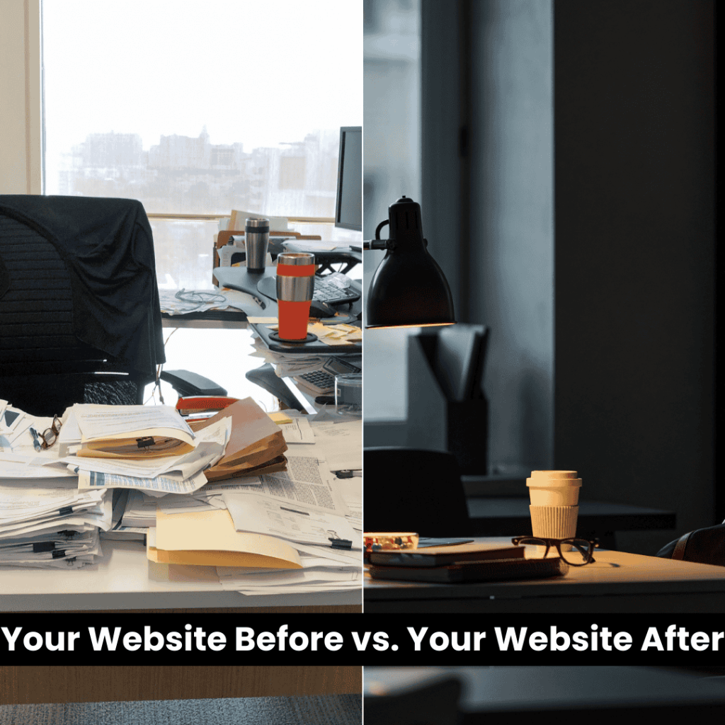 Side-by-side comparison showing a cluttered desk labeled ‘Your Website Before’ and a clean, organized desk labeled ‘Your Website After,’ symbolizing the transformation of a website.