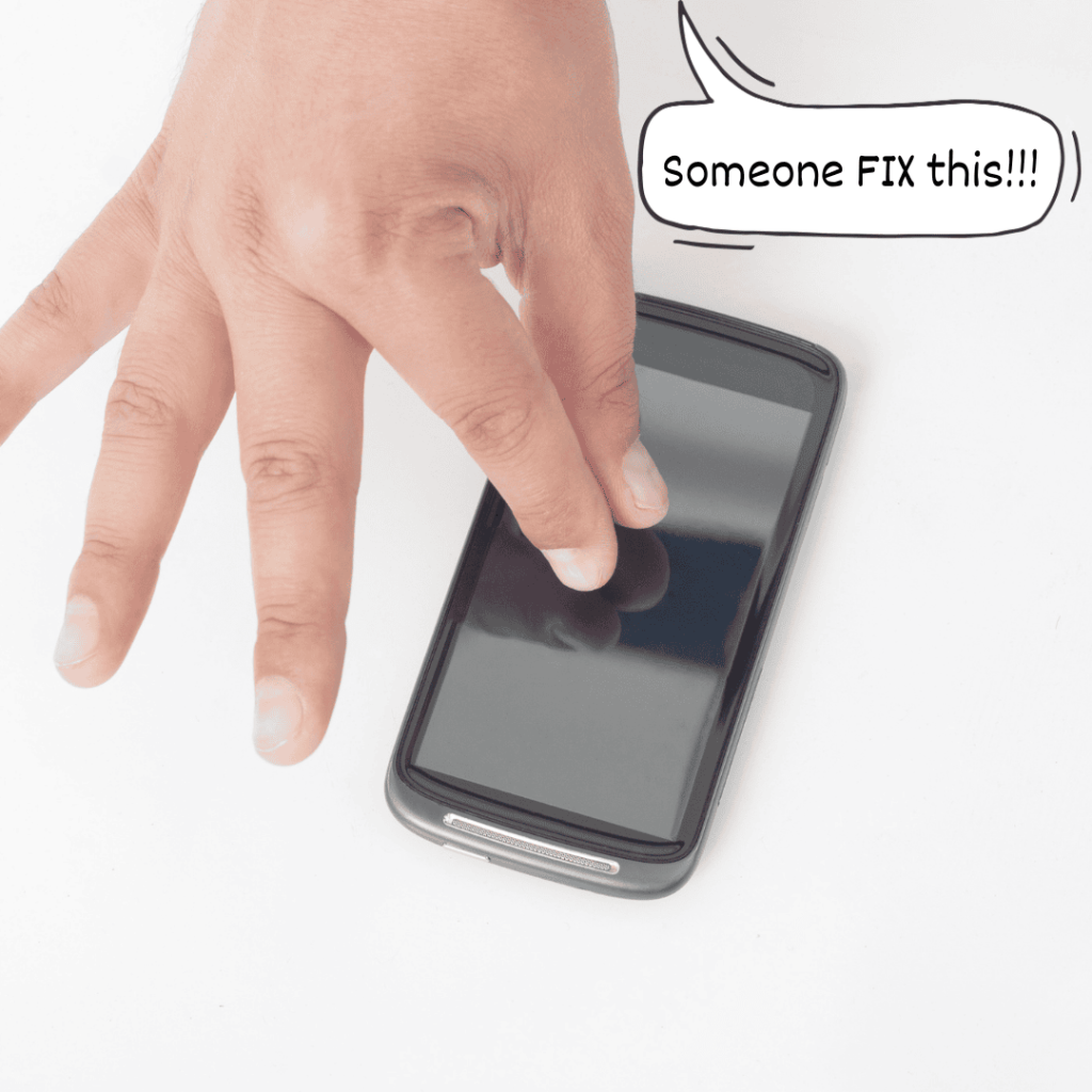 A hand pointing at a smartphone with a speech bubble saying ‘Someone FIX this!!!’ representing frustration with a broken or malfunctioning website.