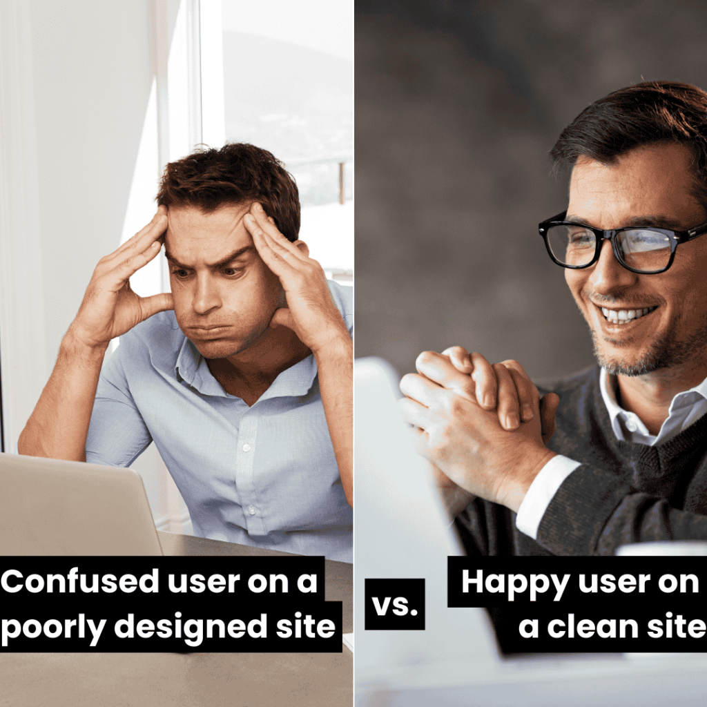 Comparison image of a frustrated user with a poorly designed website versus a happy user with a clean, modern website, showcasing the benefits of effective web design.