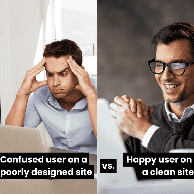 Comparison image of a frustrated user with a poorly designed website versus a happy user with a clean, modern website, showcasing the benefits of effective web design.