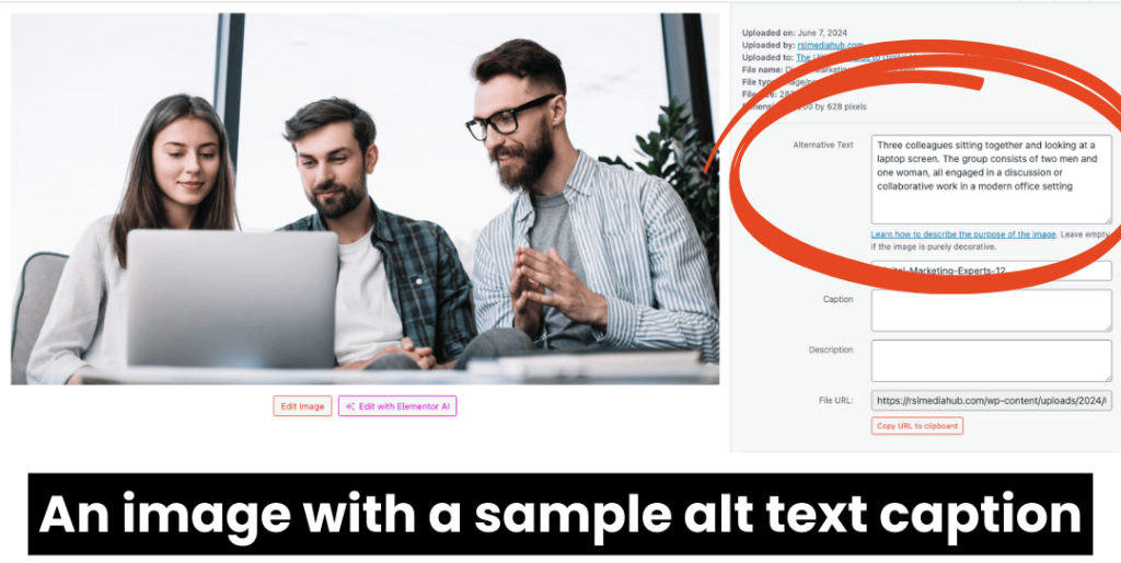 Three colleagues sitting together at a laptop screen, engaged in a collaborative discussion in a modern office setting. This image serves as an example of how effective alt text can describe the content and context of an image on a website.