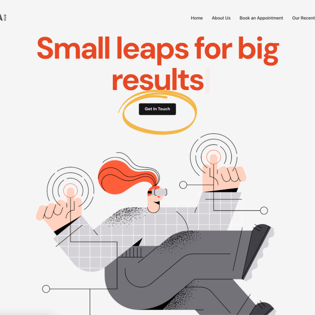 Illustration of a user interacting with digital touchpoints with the headline ‘Small leaps for big results’ and a ‘Get In Touch’ button highlighted, promoting contact with RSL Media Hub.